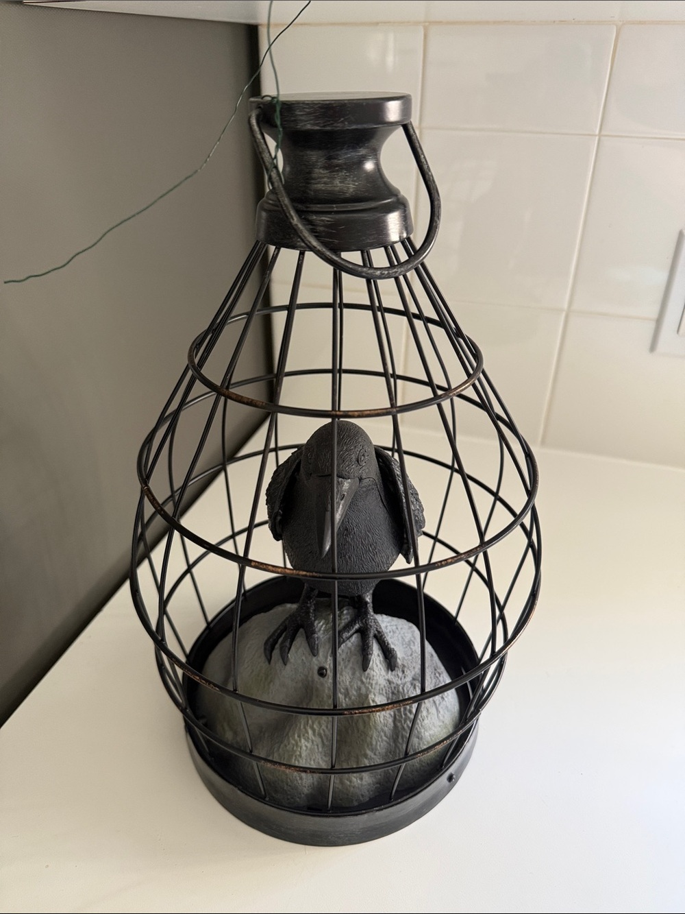 Gemmy Black Metal Cage with Black Bird Figurine